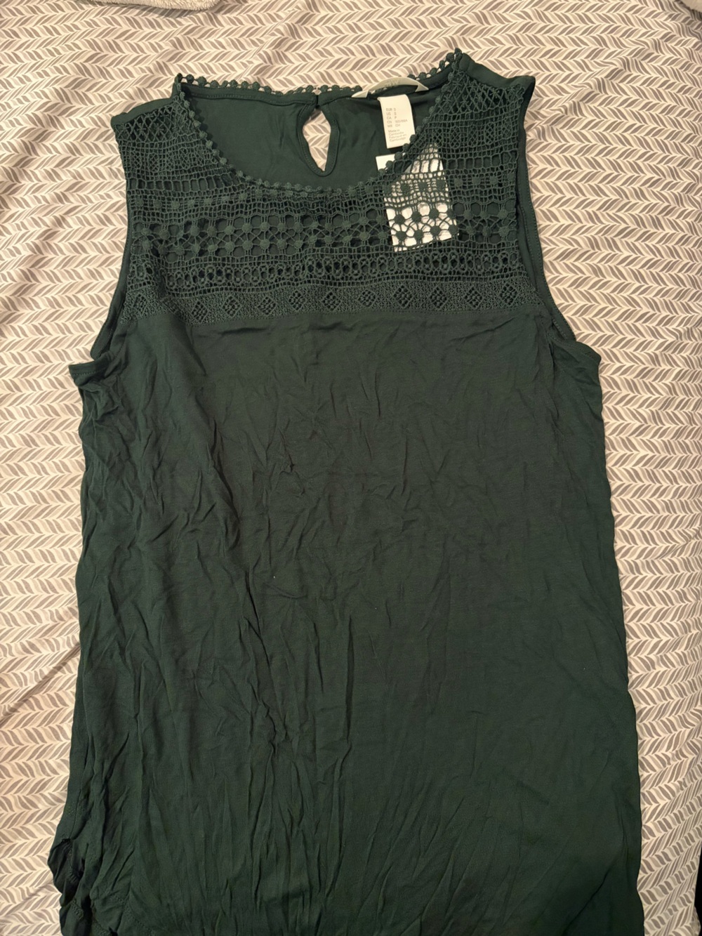 Dark Green Sleeveless Crochet Yoke Top
